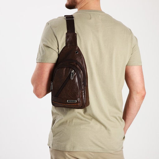 Сумка слинг мужская, искусственная кожа, отверстие для наушников, цвет коричневый - Simaland фото 8