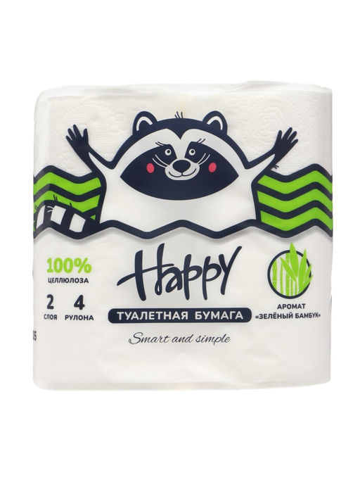 Цена за 2 шт. Туалетная бумага HAPPY со втулкой, аромат бамбук, 2 слоя, 4 рулона