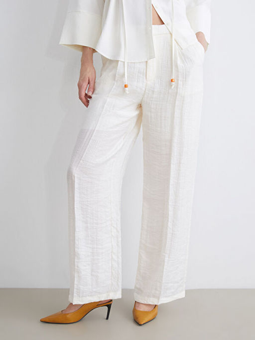 Beli Lastikli Keten G?r?n?ml? Kad?n Pantolon