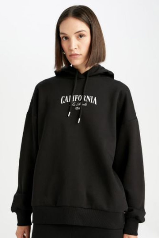 Oversize Genis Kal?p Kapusonlu Bask?l? Kal?n Sweatshirt