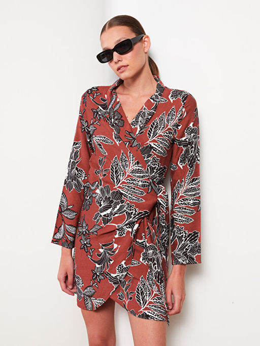 Kruvaze Yaka Desenli Uzun Kollu Elbise