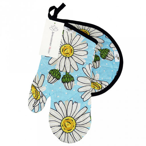 Кухонный комплект "Душистая ромашка, вид 4": прихватка-варежка 15х30см + прихватка 20х25см форма "Капелька", рогожка 171г/м2, хлопок 100%, наполнитель - ватин 280г/м2, на пластмассовом подвесе, "Домашняя мода" (Россия)