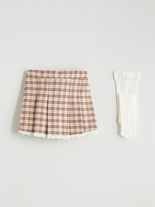 Beli Lastikli Ekose K?z ?ocuk ?ort Etek ve K?lotlu ?orap