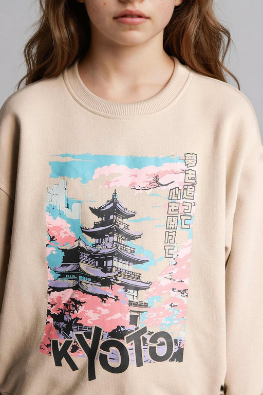 Relax Fit Bisiklet Yaka Bask_l_ Sweatshirt K_z _ocuk - Defacto фото 4
