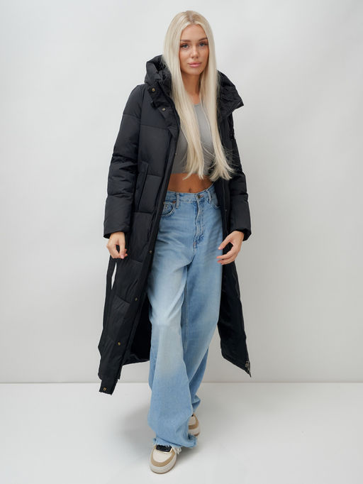 Пальто утепленное стеганное зимнее с капюшоном женское черного цвета 9605Ch - Mtforce фото 16