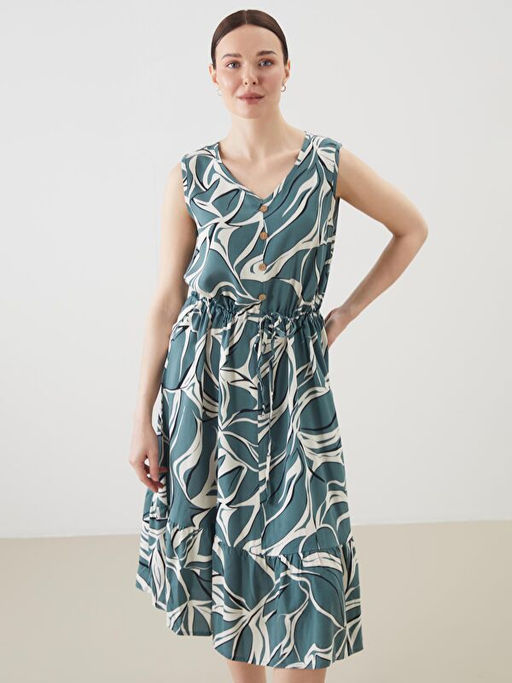 V Yaka Desenli A Kesim Elbise