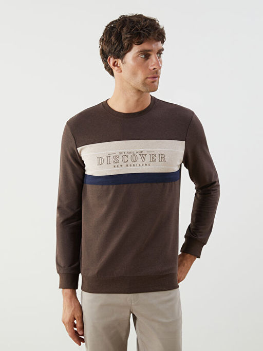 Bisiklet Yaka Uzun Kollu Bask?l? Erkek Sweatshirt