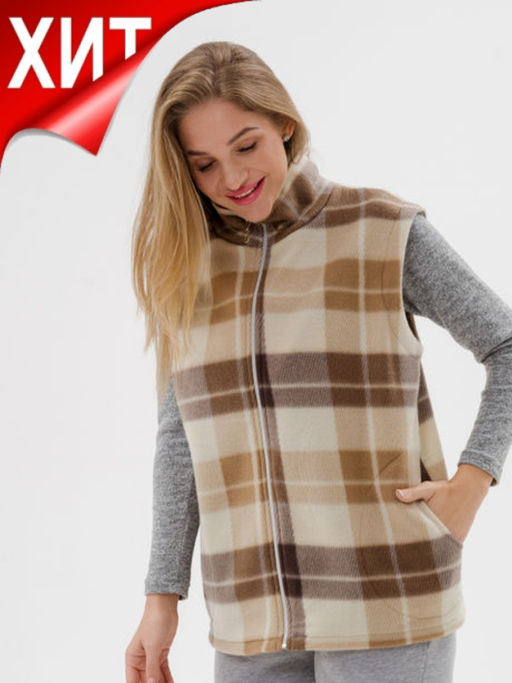 Жилет женский из флиса коричневая клетка