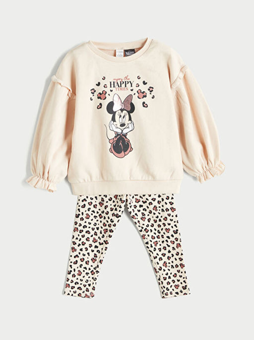 Bisiklet Yaka Minnie Mouse Bask?l? K?z ?ocuk Sweatshirt ve Tayt 2li