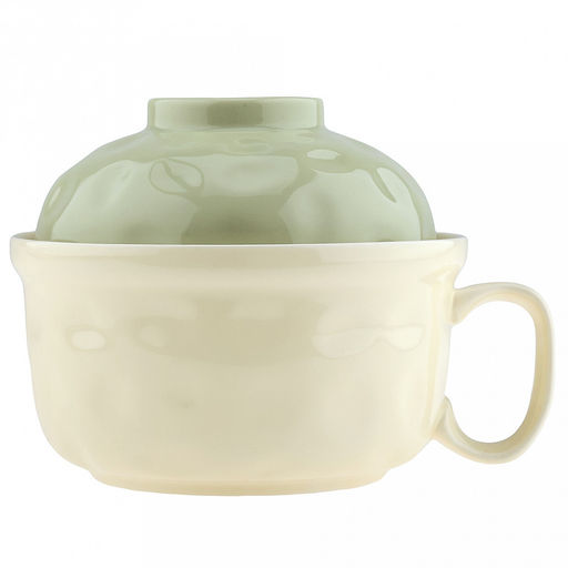 Бульонница керамическая "Семейная" 0,7л, д15,3см, h8,3см, с ручкой, с крышкой - светло-зеленый, общая h13см, рифленый борт, форма "мисосупница", светло-желтый, в коробке (Китай)