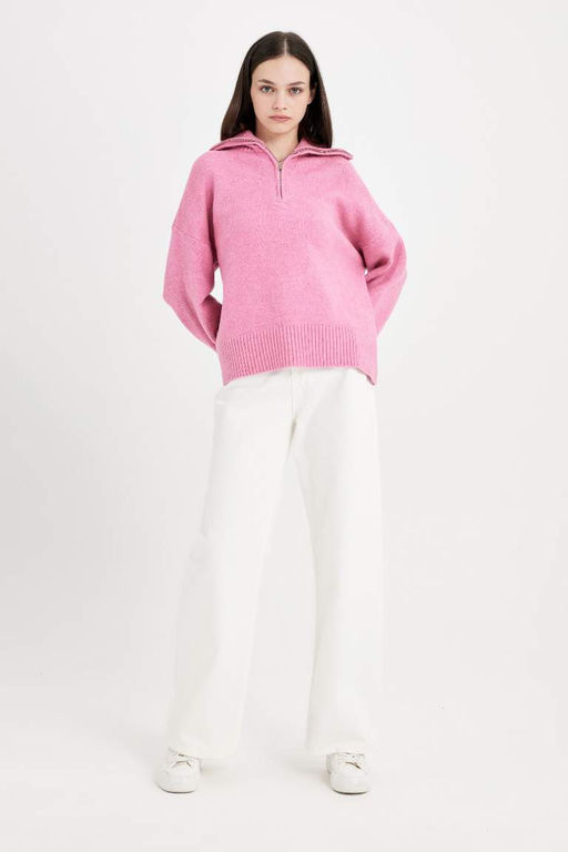 Трикотажный свитер оверсайз с широким кроем и половиной молнии с высоким воротником - Defacto фото 2