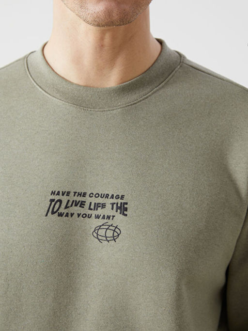 Bisiklet Yaka Bask?l? Erkek Kal?n Sweatshirt