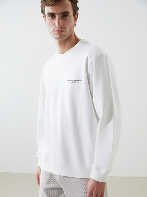 Bisiklet Yaka Uzun Kollu Bask?l? Erkek Sweatshirt
