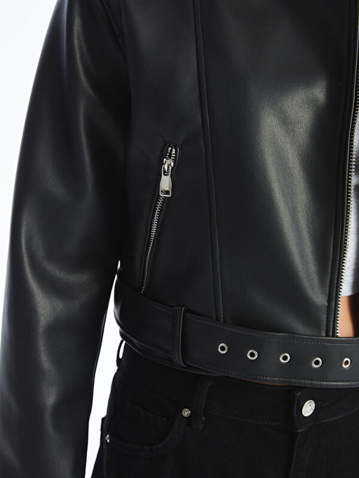 Biker Yaka Kad?n Deri G?r?n?ml? Ceket