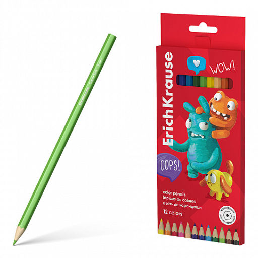 Цена за 12 шт. Цветные карандаши деревянные ErichKrause Jolly Friends шестигранные, грифель 3 мм, 12 цветов (в коробке с европодвесом 12 шт)