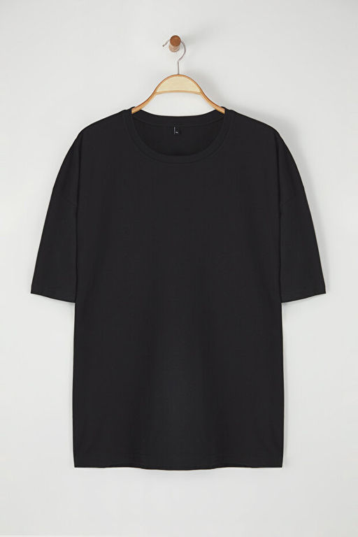 Siyah B_y_k Beden Oversize/Geni_ Kesim Geyik Bask_l_ %100 Pamuk T-Shirt TMNSS25BF00026 - Trendyolmilla фото 2