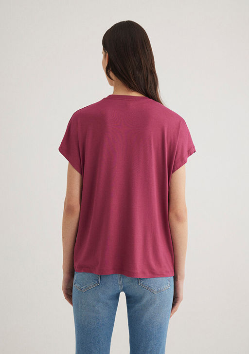 Dusuk Omuz Pembe Basic Tisort - Mavi фото 4