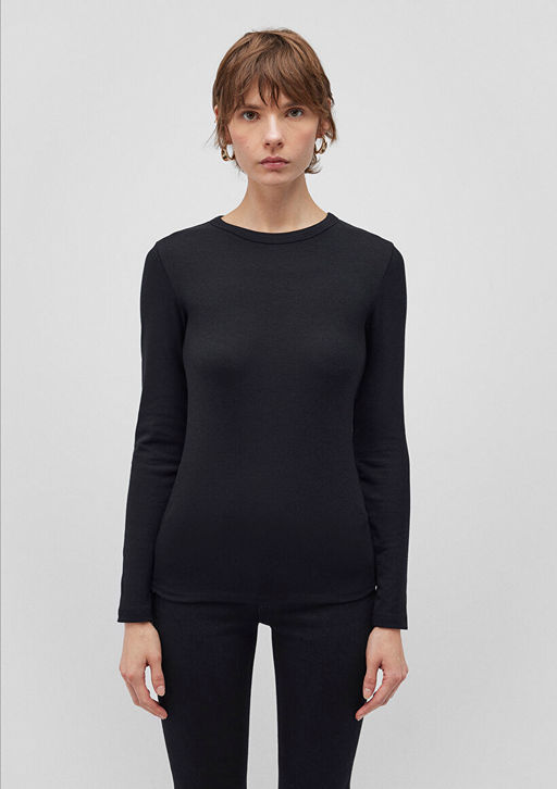 Uzun Kollu Siyah Basic Tisort - Mavi фото 4