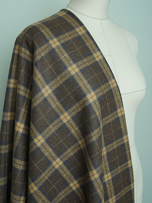 Шерсть пальтово-костюмная Твид Клетка бежево-синяя на коричневом, ш.1.5м, шерсть-50%, п/э-50% - Купава фото 10