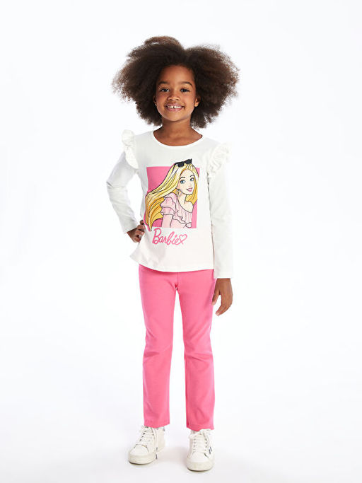 Bisiklet Yaka Barbie Bask?l? K?z ?ocuk Bluz ve Tayt 2li Tak?m