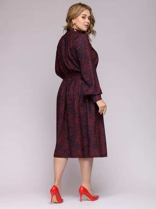 Платье темно-синее с мелким принтом длины миди с бантом и высокими манжетами