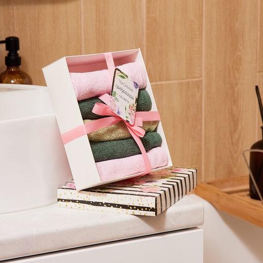 Салфетки махровые Этель. Счастье это ты, 5 шт., 30?30 см, хлопок 100%, зелёные/розовые