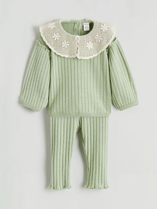 Bebe Yaka Desenli Uzun Kollu K?z Bebek Bluz ve Tayt Tak?m 2li