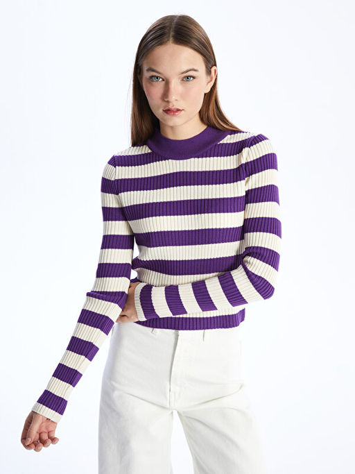 Bisiklet Yaka Renk Bloklu Uzun Kollu Kad?n Triko Kazak