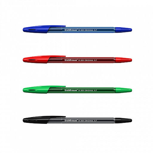 Цена за 12 шт. Набор из 4 ручек шариковых ErichKrause R-301 Stick Original 1.0, цвет чернил: синий, черный, красный, зеленый (в пакете)