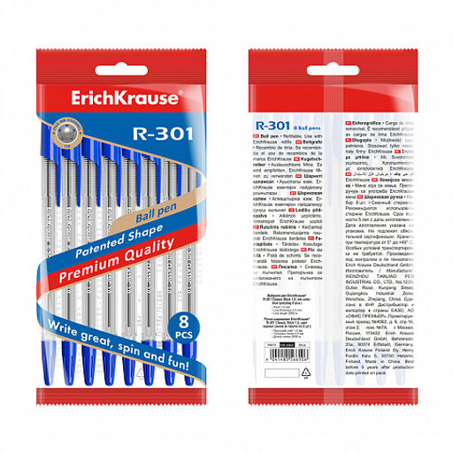 Цена за 24 шт. Набор из 4 ручек шариковых ErichKrause R-301 Stick Classic 1.0, цвет чернил: синий, черный, красный, зеленый (в пакете)