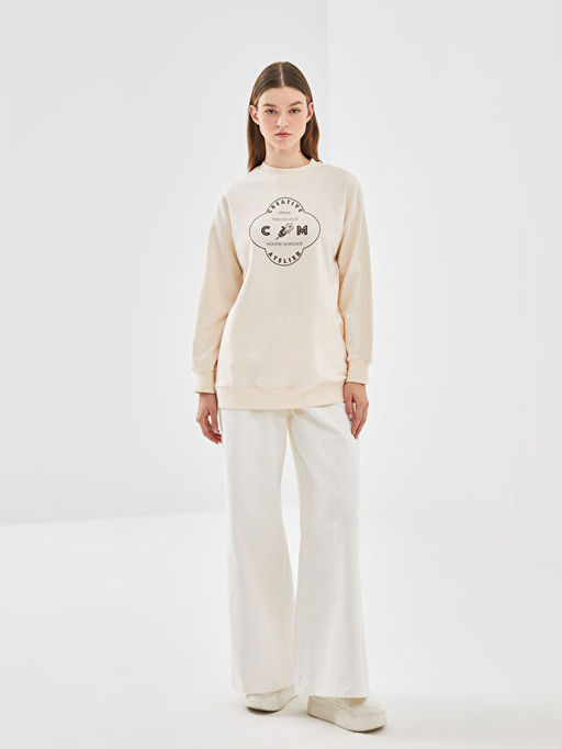 Bisiklet Yaka Bask?l? Kad?n Sweatshirt Tunik