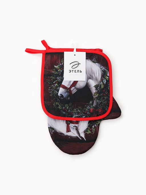 Кухонный набор «Этель»: варежка-прихватка 20×28 см, прихватка 19×19 см, красная