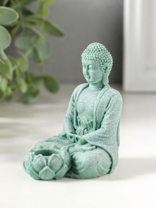 Подсвечник/подставка под конус полистоун "Будда и лотос" зелёный d=1,5 см 7,7х5,5х9 см