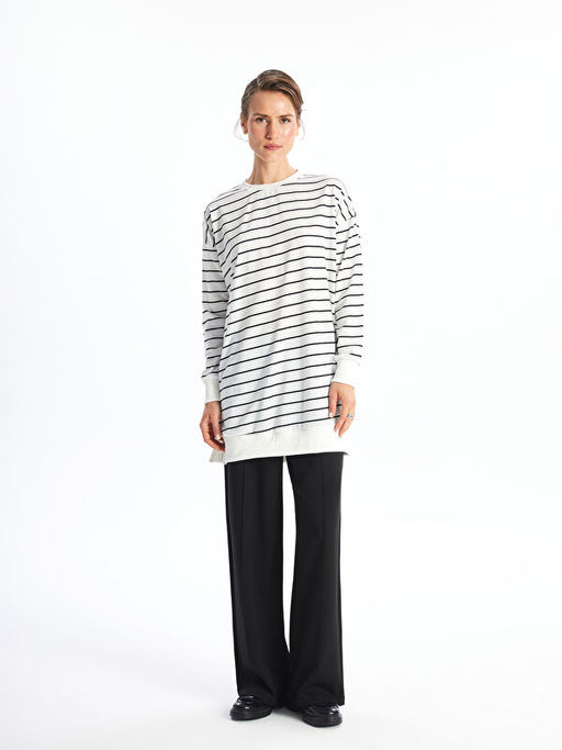 Bisiklet Yaka ?izgili Uzun Kollu Kad?n Sweatshirt