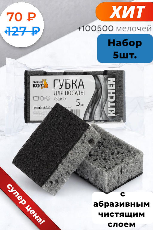 Набор губок для посуды Black 5 шт. 98*67*35 мм арт. 310578 - Рыжий кот фото 4
