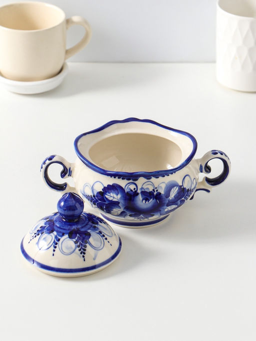 Сахарница фарфоровая «Тюльпан», с ручками, 0.5 л, 12×17 см, гжель