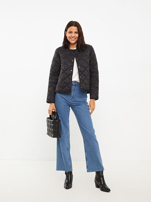 Bisiklet Yaka Kapitone Desenli Uzun Kollu Kad?n ?i?me Mont