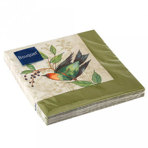 Салфетки бумажные Art Bouquet 33х33см, 3-х слойные, 20 штук в упаковке, 100% целлюлоза, Рисунок с птицами (Россия)  фото 3