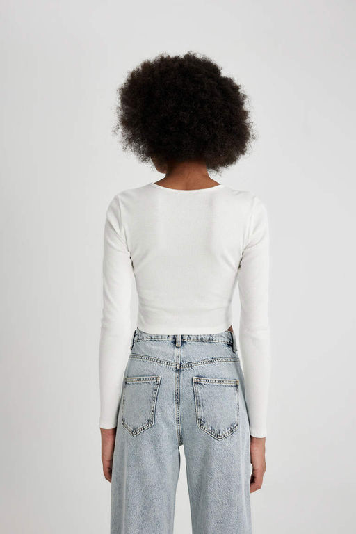 Приталенная футболка с длинными рукавами и круглым вырезом в рубчик - Defacto фото 6