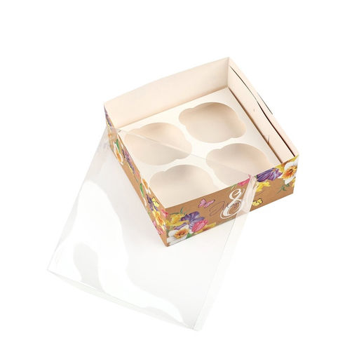 Цена за 5 шт. Коробка для капкейков, кондитерская упаковка, 4 ячейки С 8 марта, 16?16?7.5 см