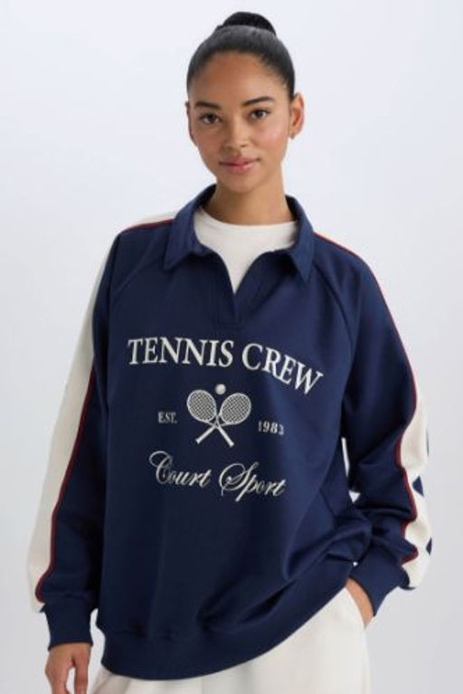 DeFactoFit Oversize Genis Kal?p Polo Yaka Bask?l? Sporcu Sweatshirt