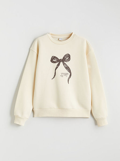 Fiyonk Bask?l? K?z ?ocuk Kal?n Sweatshirt