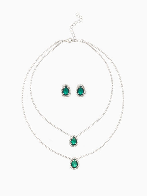 Набор 2 предмета: серьги, колье Жаклин дуэт, капля, цвет бело-изумрудный в серебре, 45 см