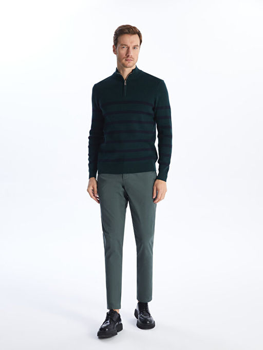 Dik Yaka Uzun Kollu ?izgili Erkek Triko Kazak