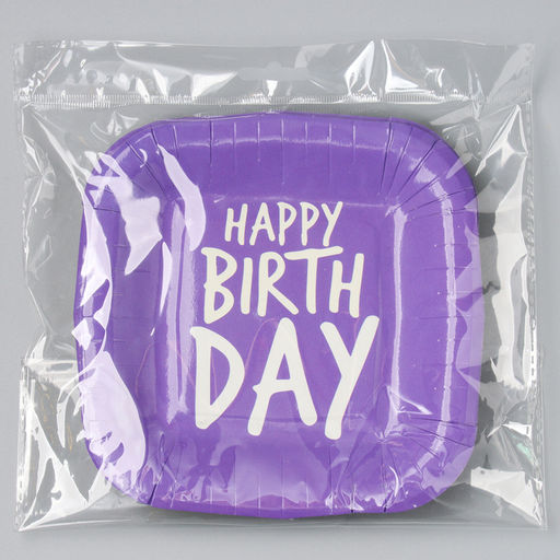 Цена за 10 шт. Тарелка бумажная квадратная Happy Birthday,фиолетовая, 16,5х16,5 см - Страна карнавалия фото 4