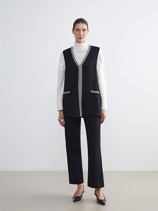 V Yaka ?izgili Kad?n Yelek