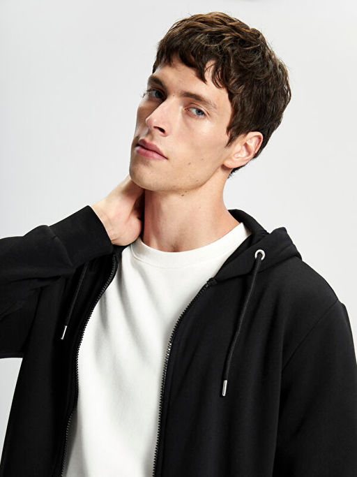 Kap??onlu Uzun Kollu Erkek Kal?n Fermuarl? Sweatshirt