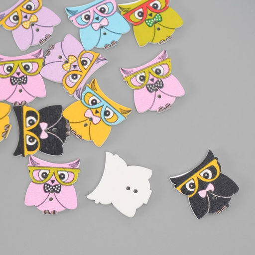 Цена за 2 шт. Пуговицы дерево для творчества 2 прокола «Филин в очках», набор 12 шт., 2×2.3 см