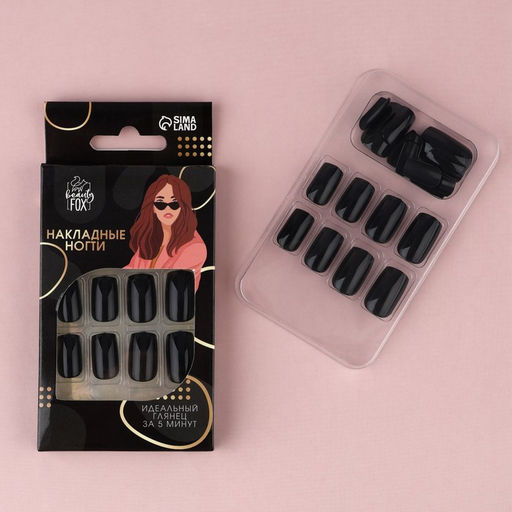 Накладные ногти Однотонный чёрный, 24 шт., клеевые пластины, форма квадрат, глянцевые, чёрные - Beauty fox фото 2