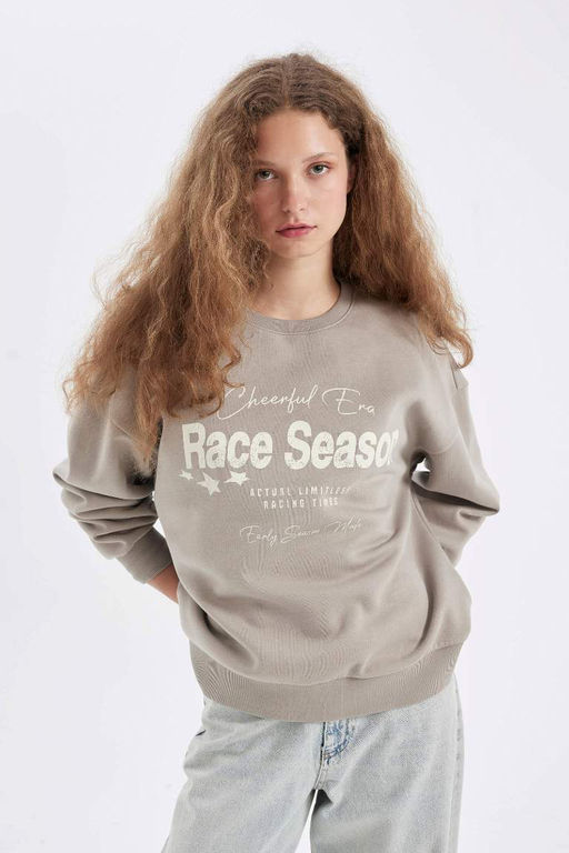 Толстовка из плотной ткани свободного кроя с круглым вырезом и принтом - Defacto фото 4